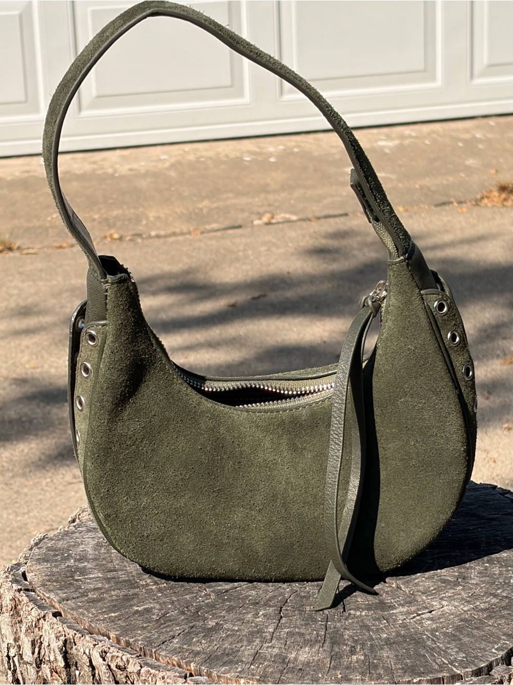 Olive Suede Small Shoulder Bag with Grommet Detail